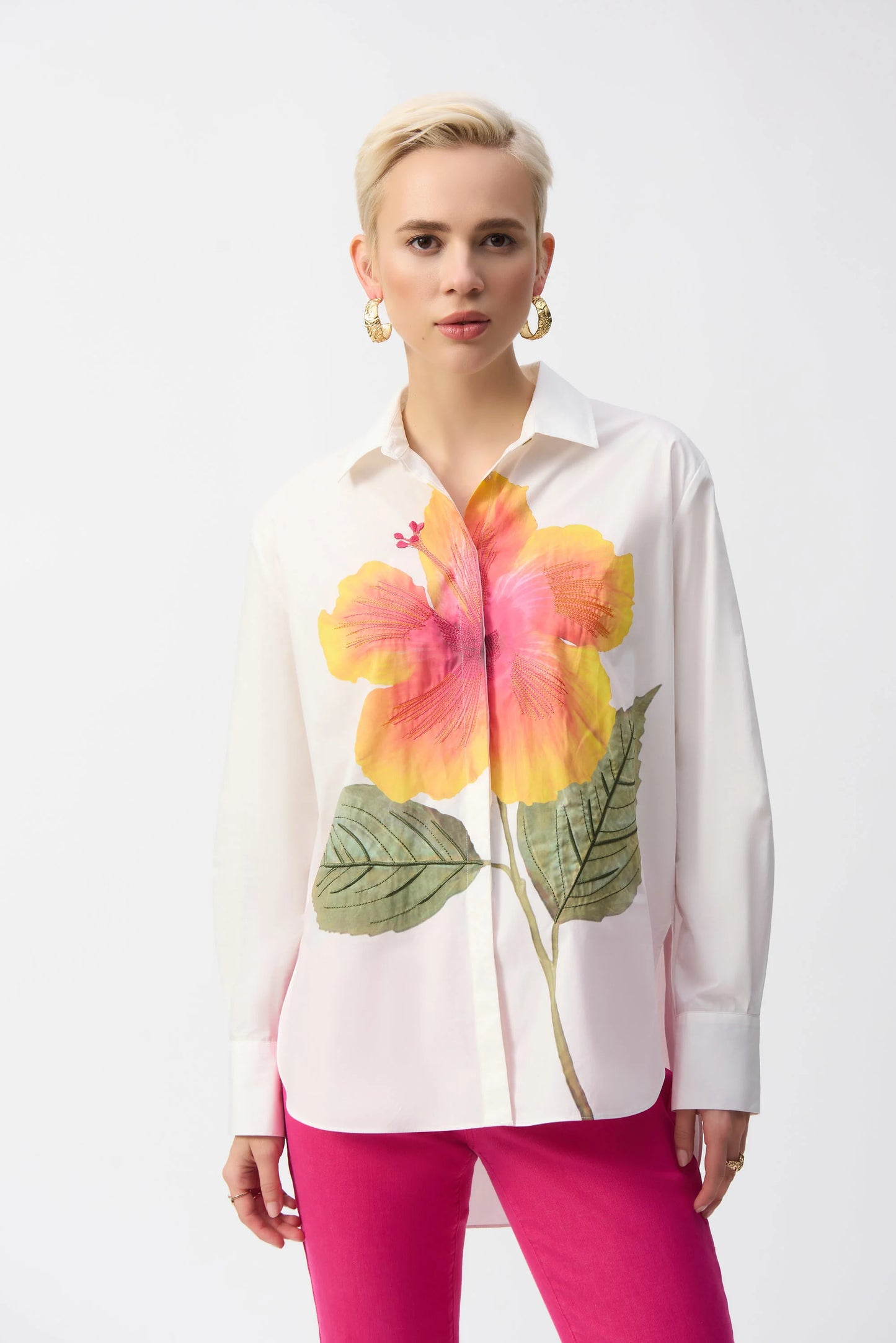 JOSEPH RIBKOFF EMBROIDERED FLOWER COTTON TOP - CREAM MULTI