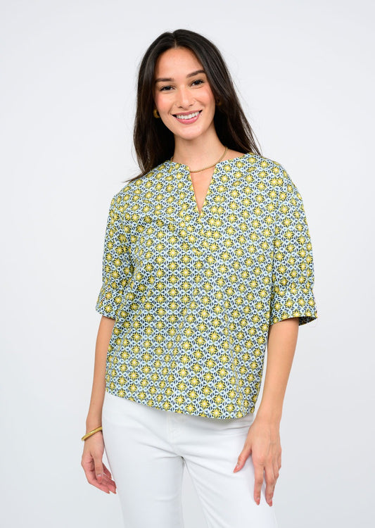 IVY JANE NOTCHED FRONT SHIRT - BLUE MULTI