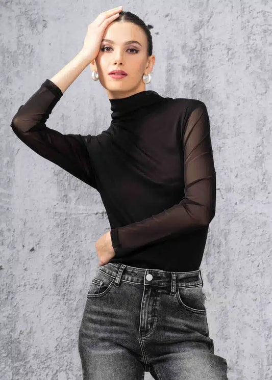 ALISON SHERI MESH MOCK- NECK TOP - BLACK - A44020BLK