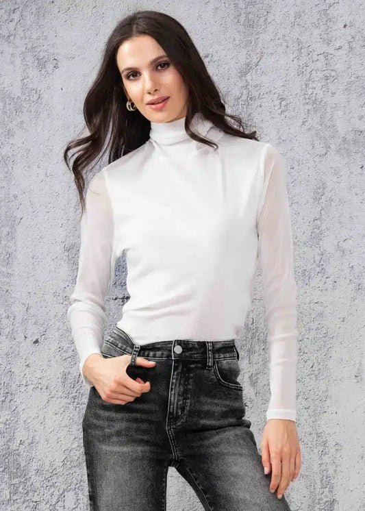 ALISON SHERI MESH MOCK-NECK TOP - WHITE - A44020WHT