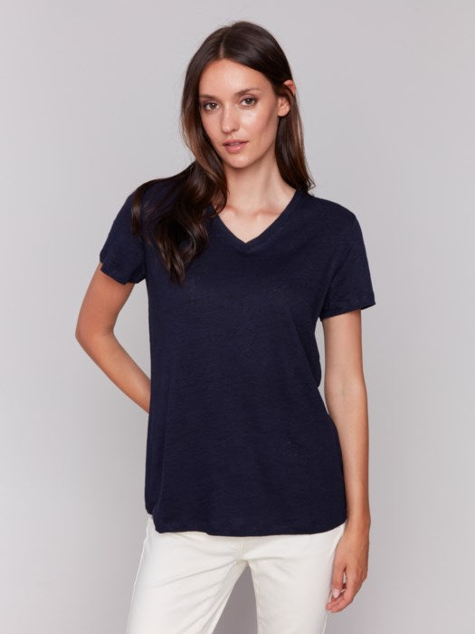 CHARLIE B V-NECK LINEN TEE - NAVY