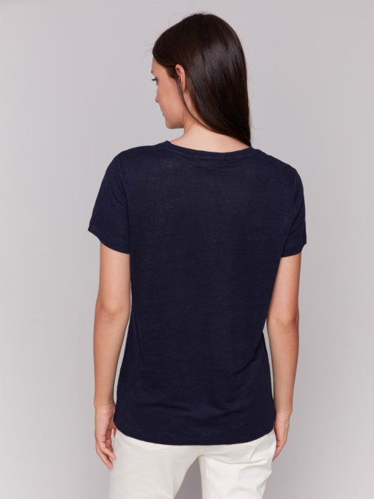 CHARLIE B V-NECK LINEN TEE - NAVY