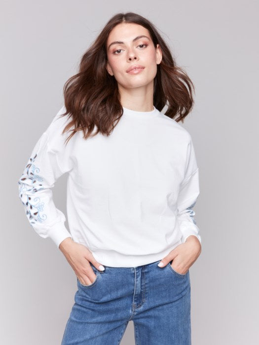 CHARLIE B SWEATSHIRT W/ EMBROIDERED SLEEVES - WHITE