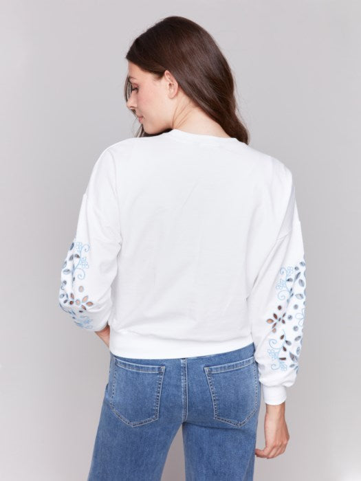 CHARLIE B SWEATSHIRT W/ EMBROIDERED SLEEVES - WHITE