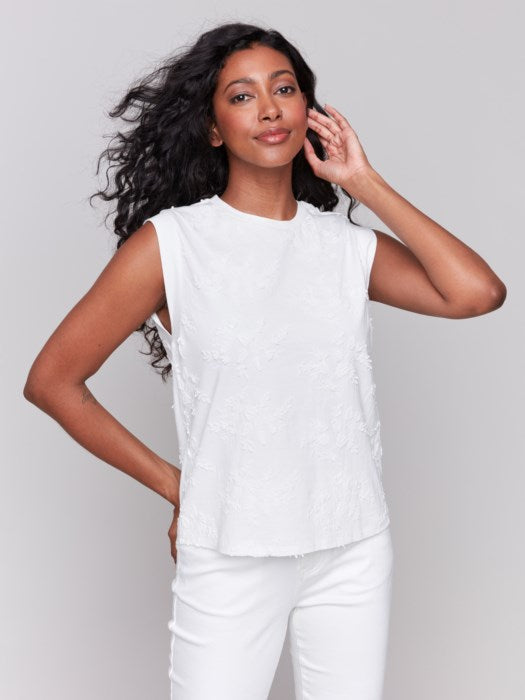 CHARLIE B EMBROIDERED SLEEVELESS CREW - WHITE