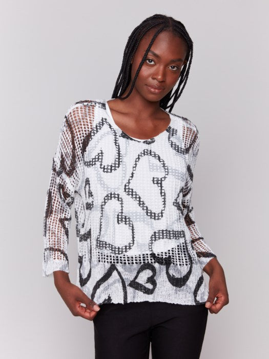 CHARLIE B PRINTED CROCHET SWEATER - BLACK & WHITE