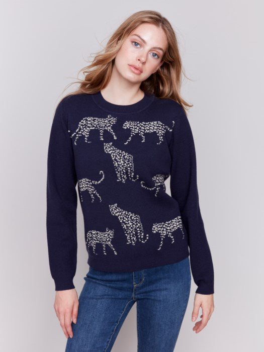 *SALE* CHARLIE B CHEETAH SWEATER - NAVY - C2763101CP687