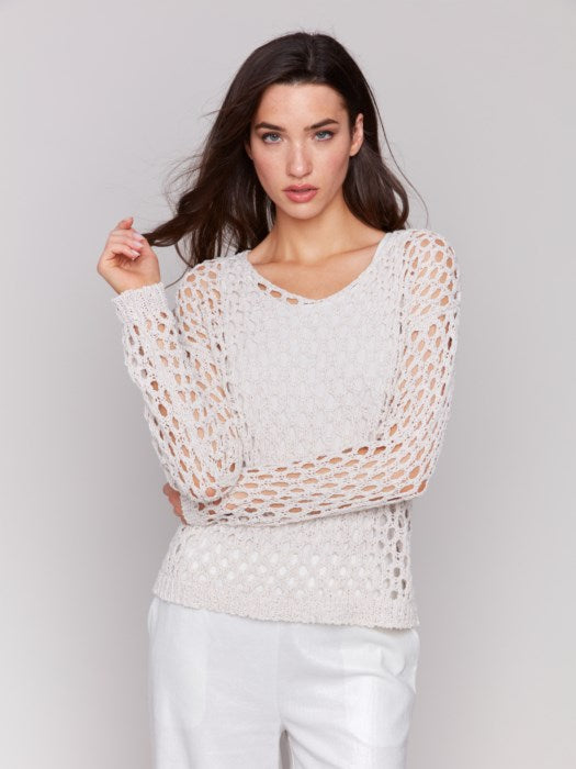 CHARLIE B BRAIDED FISHNET V-NECK SWEATER