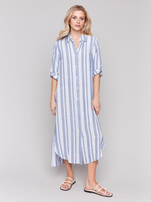 CHARLIE B STRIPED LINEN TUNIC DRESS - BLUE MULTI