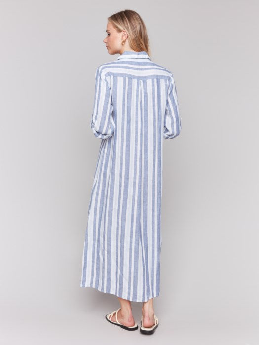 CHARLIE B STRIPED LINEN TUNIC DRESS - BLUE MULTI