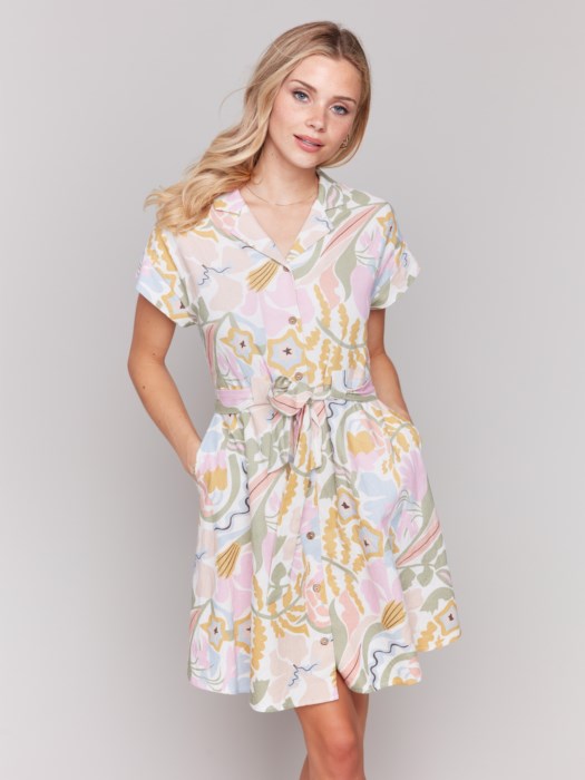 CHARLIE B SHORT-SLEEVE BUTTON-UP DRESS - MULTI