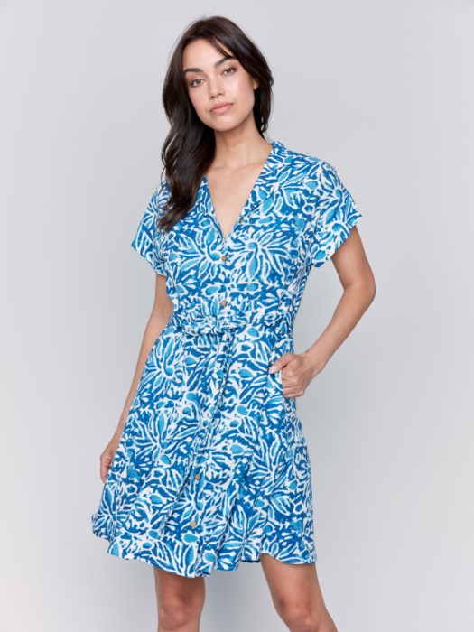 CHARLIE B SHORT-SLEEVE BUTTON-FRONT DRESS - BLUE MULTI