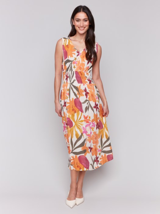 CHARLIE B PRINTED SLEEVELESS V-NECK DRESS - MULTI