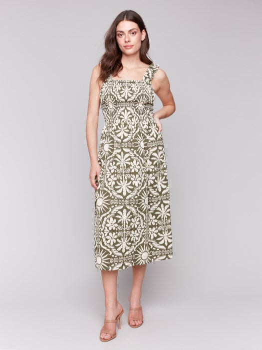 CHARLIE B PRINTED DRESS W/ SHIRRING DETAIL - OLIVE GREEN