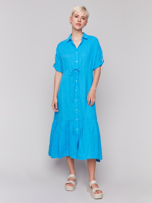 CHARLIE B SHORT-SLEEVE LONG WOVEN DRESS - BLUE