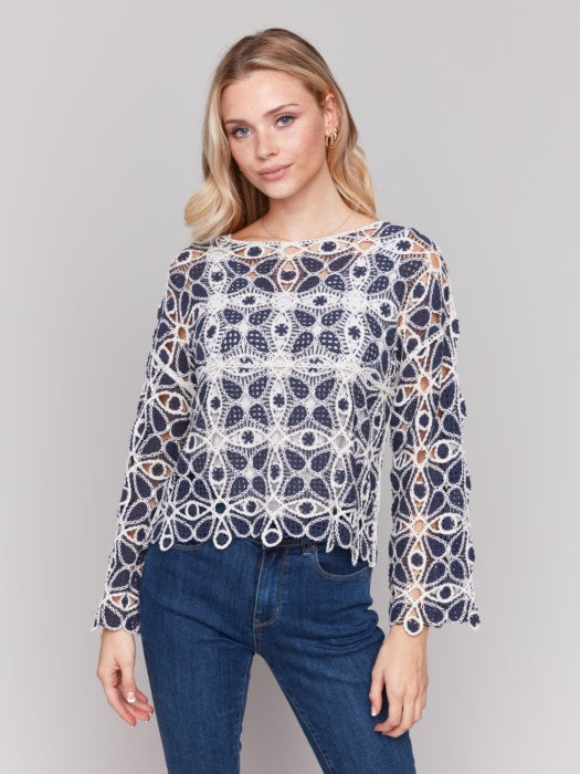 CHARLIE B 3/4 SLEEVE CROCHET TOP - BLUE MULTI