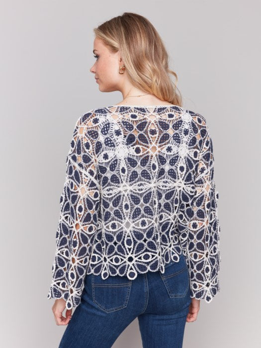 CHARLIE B 3/4 SLEEVE CROCHET TOP - BLUE MULTI