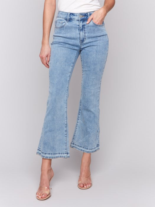 CHARLIE B BLANKET STITCH FLARE LEG PANT - DENIM