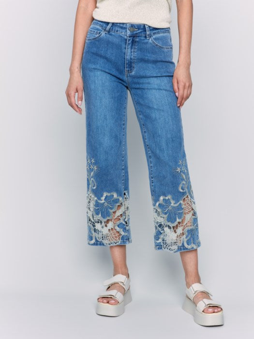 CHARLIE B FLARE LEG PANT W/ LASER CUT LACE - DENIM