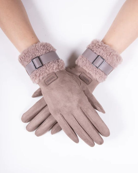 VERY MODA FAUX SUEDE GLOVES W/ STRAP - KHAKI TAN - GL12326KK