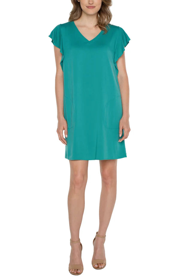 *SALE* LIVERPOOL FLUTTER SLEEVE DRESS - TEAL BLUE - LM8994EZMMT