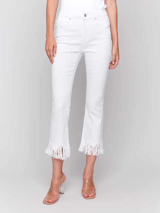 CHARLIE B CROPPED TWILL JEAN W/ FRINGE - WHITE