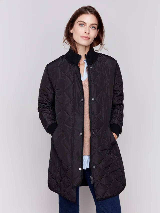 CHARLIE B LONG QUILTED BLACK PUFFER JACKET