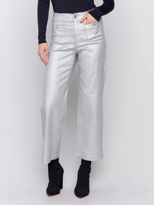 CHARLIE B SILVER METALLIC WAX FLARED PANTS