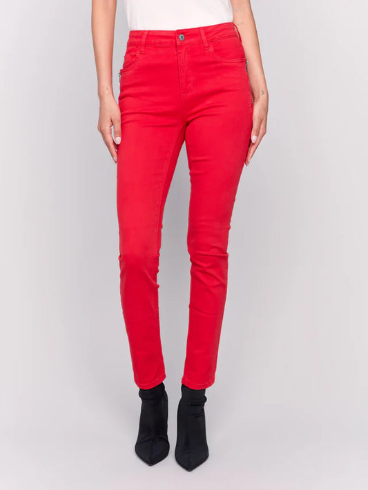 CHARLIE B SKINNY TWILL PANT W/ ZIPPER DETAIL