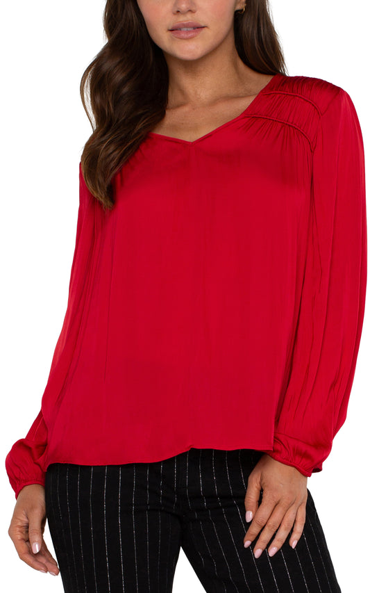 LIVERPOOL LONG-SLEEVE V-NECK RED WOVEN TOP